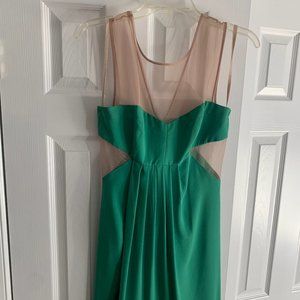 BCBG Emerald & Nude Mesh Cut Out Cocktail Dress